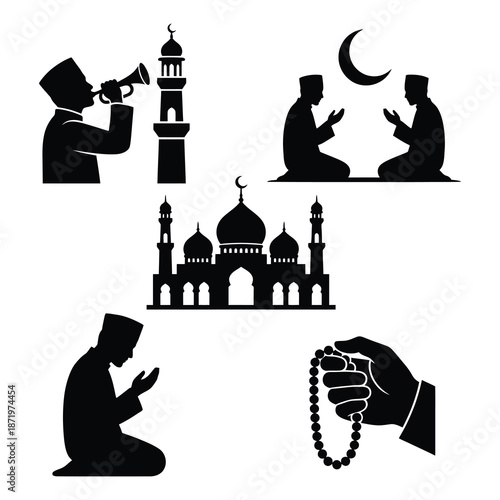 Islamic symbols and traditions depicted in a black silhouette style showcasing faith and devotion