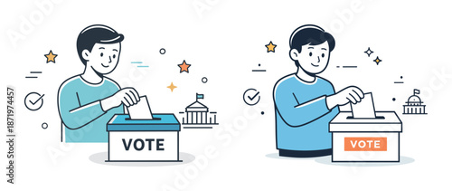 Male voting illustration with ballot boxes and government symbols