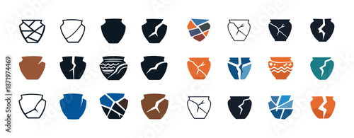 Various kintsugi styled clay and ceramic pot collection with cracks in multiple colors