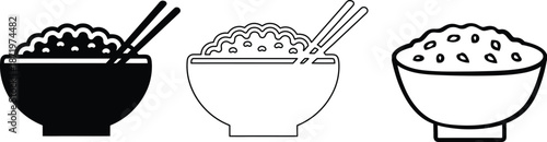 Rice Bowl Icon Set, Rice Bowl vector silhouette illustration with Chopsticks in Solid and Outline Style on White Background