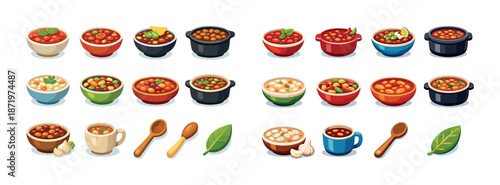 Assorted bowls of soup and cooking utensils on white background