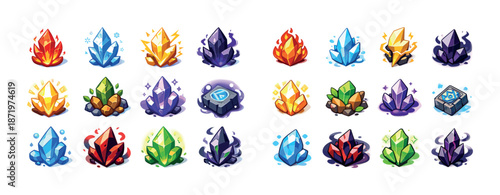 Colorful assorted magical crystals collection on white background