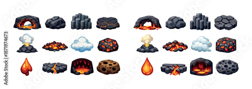 Volcanic rock and lava elements set for game design