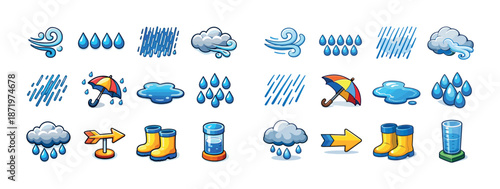 Colorful weather icons collection featuring rainclouds, umbrellas, and sun showers