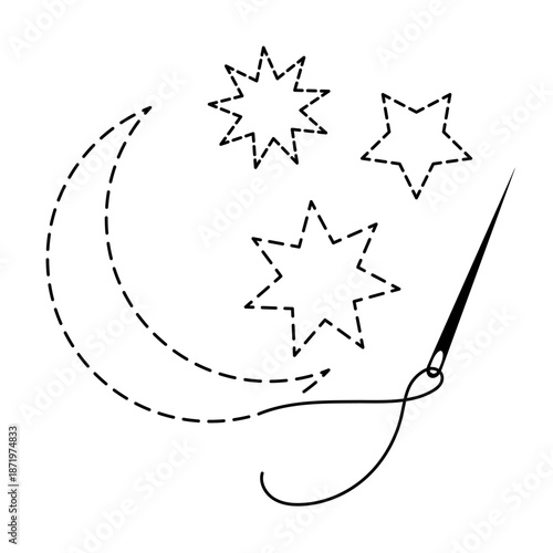 Silhouette of moon and stars with interrupted contour. Vector illustration of handmade work with embroidery thread and sewing needle on white background.	