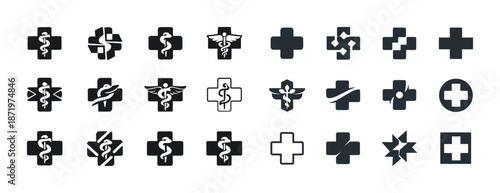 Medical cross icon set with caduceus and snake symbols in various designs