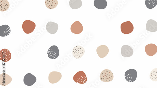 Seamless minimal geometric pattern of variously sized dots in shades of orange, gray, and beige on a white background.