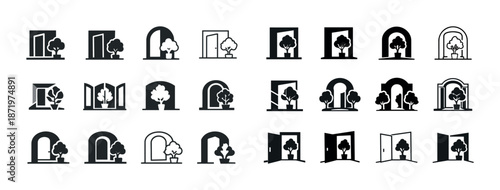 Silhouette collection of various doorway and window designs with trees