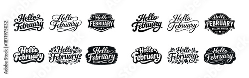 Hello february text designs vintage typography collection black white