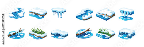 Collection of snow-covered winter elements: frozen streams and icicles