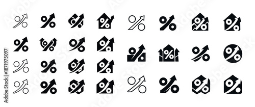 Variety of percentage and growth arrow icons in black and white