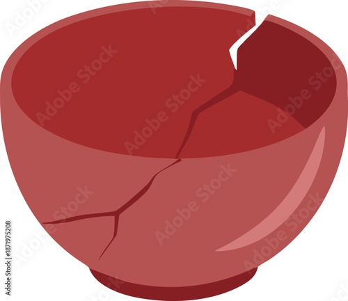 a broken red ceramic bowl with a visible crack and scattered fragments high quality