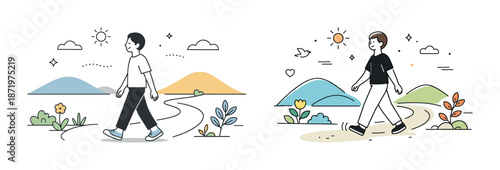 Two young males walking outdoors in minimalist cartoon style scenery