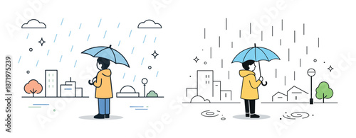 Cartoon character with umbrella in rainy urban and neighborhood scenes