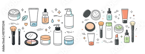 Collection of cosmetic and skincare products with brushes in minimalist style