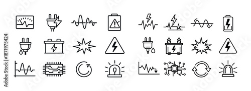 Electricity symbols and icons set in black and white line style