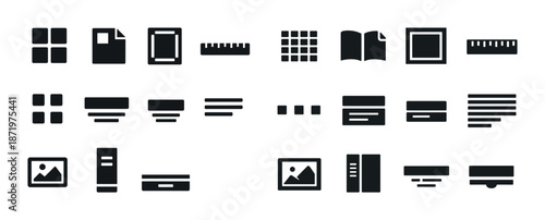 Minimalist icon set: document, grid, and image layout symbols collection