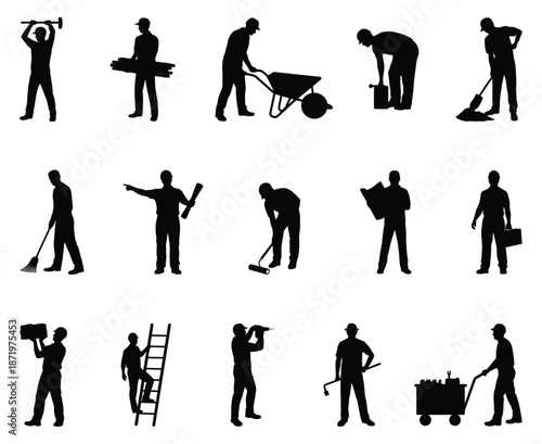 Construction Worker Silhouettes Set - Builders, Engineers, and Handymen with Tools for Labor Day Design