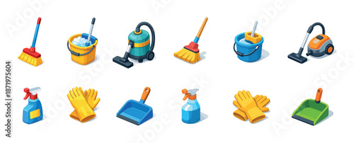 Colorful cleaning tools set with brooms, buckets, and gloves on white background
