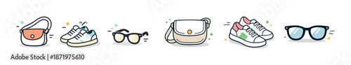 Stylish accessories and footwear collection with bags, sneakers, and glasses