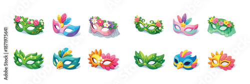 Colorful festive masks with floral and feather designs