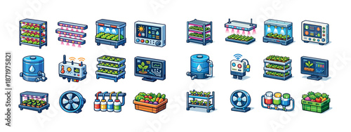 Hydroponics equipment set: led lights, monitoring systems, and irrigation tools