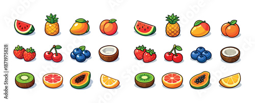 Variety of colorful fruits in cartoon style