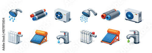 Isometric water and heating icons: showerheads, hvac units, faucets, radiators, solar panels