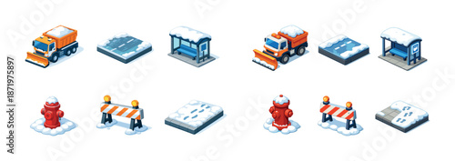 Snow-covered city elements in winter: truck, hydrant, barrier, shelter, puddle