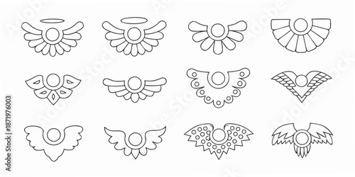 A collection of delicate line art depicting various wing and halo designs
