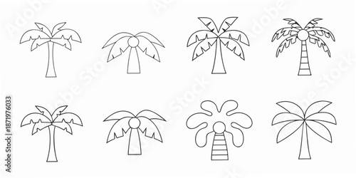 Simple black and white illustration of various palm tree and floral designs