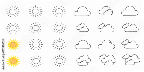 Collection of simple weather icons suns clouds and various sunny styles