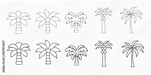 Simple black and white line drawing of various tropical palm tree shapes