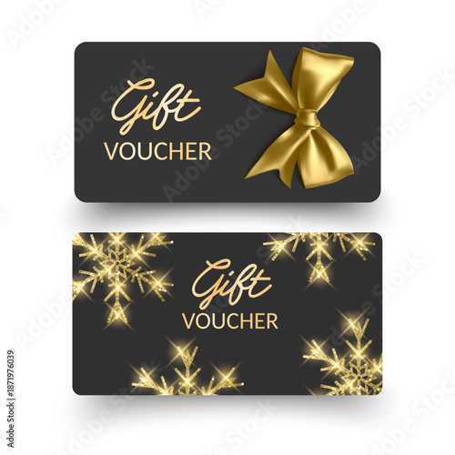 Elegant Black Gift Voucher with Golden Snowflake Design Sophisticated holiday gift card mockup isolated on white, perfect for premium brand promotions, Christmas seasonal sales, and luxury boutique in