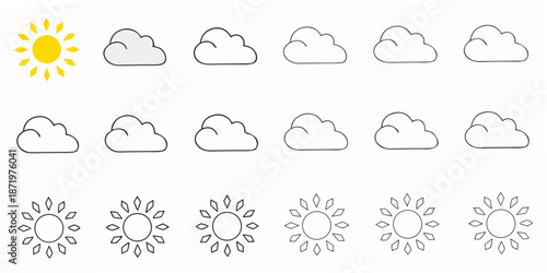 A simple weather illustration featuring suns and clouds in a row