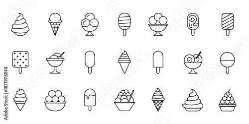 A collection of various black and white ice cream and dessert icons