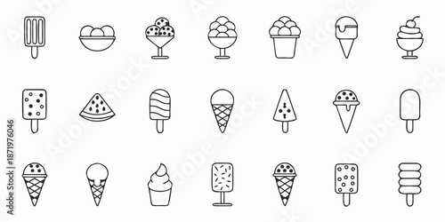 Collection of various black and white line art ice cream and popsicle icons