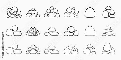 A collection of simple black and white line drawings featuring various stone stacks