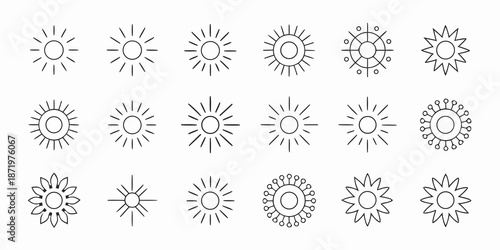 Various line art representations of suns and starbursts arranged in a grid pattern