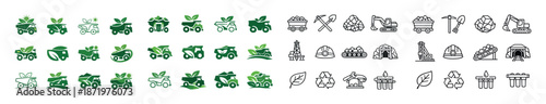 Set of eco-friendly and industrial icon illustrations in green and monochrome