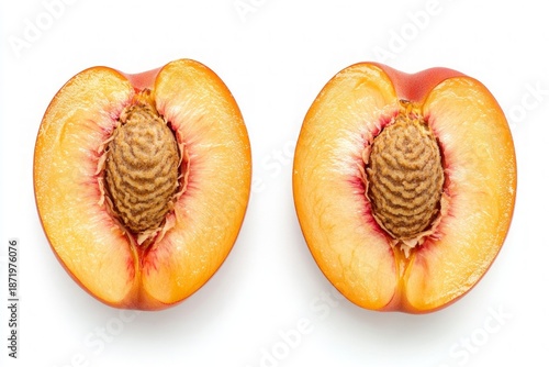 Wallpaper Mural Two fresh peach halves with pits isolated on white background, juicy summer fruit macro Torontodigital.ca