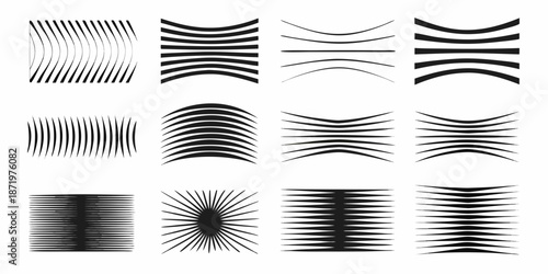 Abstract collection of curved and straight line patterns in black and white
