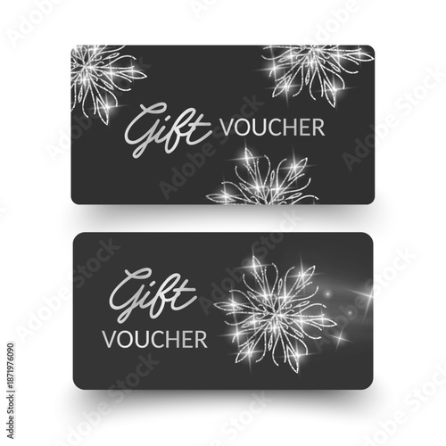 Elegant Black Gift Voucher with Golden Snowflake Design Sophisticated holiday gift card mockup isolated on white, perfect for premium brand promotions, Christmas seasonal sales, and luxury boutique in