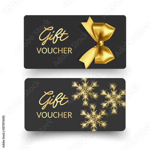Elegant Black Gift Voucher with Golden Snowflake Design Sophisticated holiday gift card mockup isolated on white, perfect for premium brand promotions, Christmas seasonal sales, and luxury boutique in