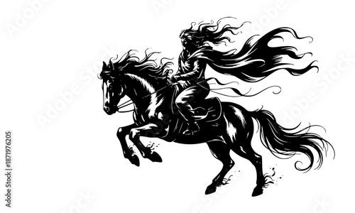 Warrior riding horse silhouette illustration, fearless medieval knight on galloping horse vector art, dynamic fantasy battle scene, black and white heroic rider graphic, vintage engraving style, power