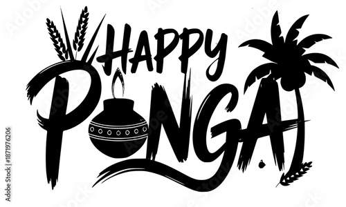 Happy Pongal black and white typography illustration with traditional pongal pot, sugarcane leaves and palm tree, South Indian harvest festival greeting design, Tamil culture celebration vector