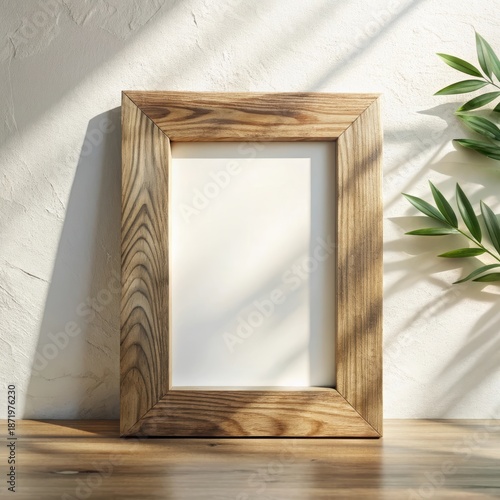 Rustic wooden picture frame on shelf