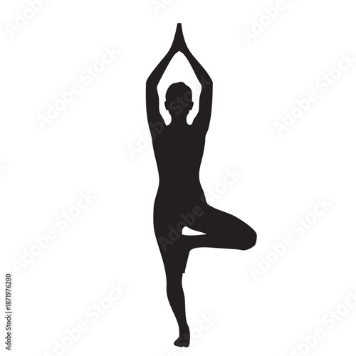 Harmony Pose: A silhouetted figure practices yoga, gracefully balancing in the tree pose, exuding tranquility and focus.
