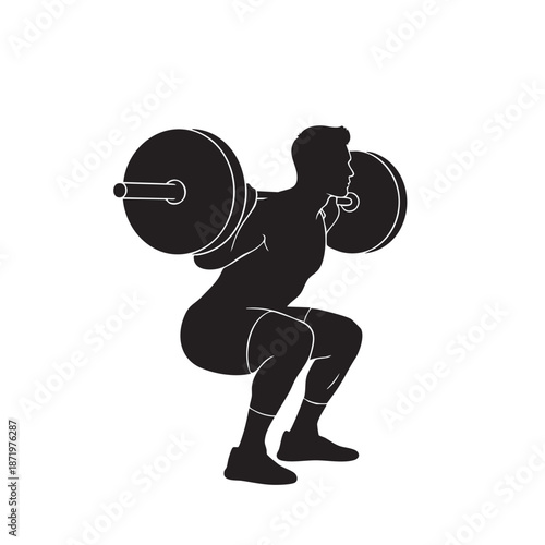 Silhouette of Strength: A focused individual executes a powerful barbell squat, a testament to discipline, physical exertion, and the pursuit of athletic excellence.