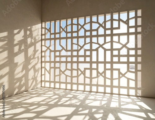Intricate shadows cast by latticework on serene interior space with spiritual ambiance.